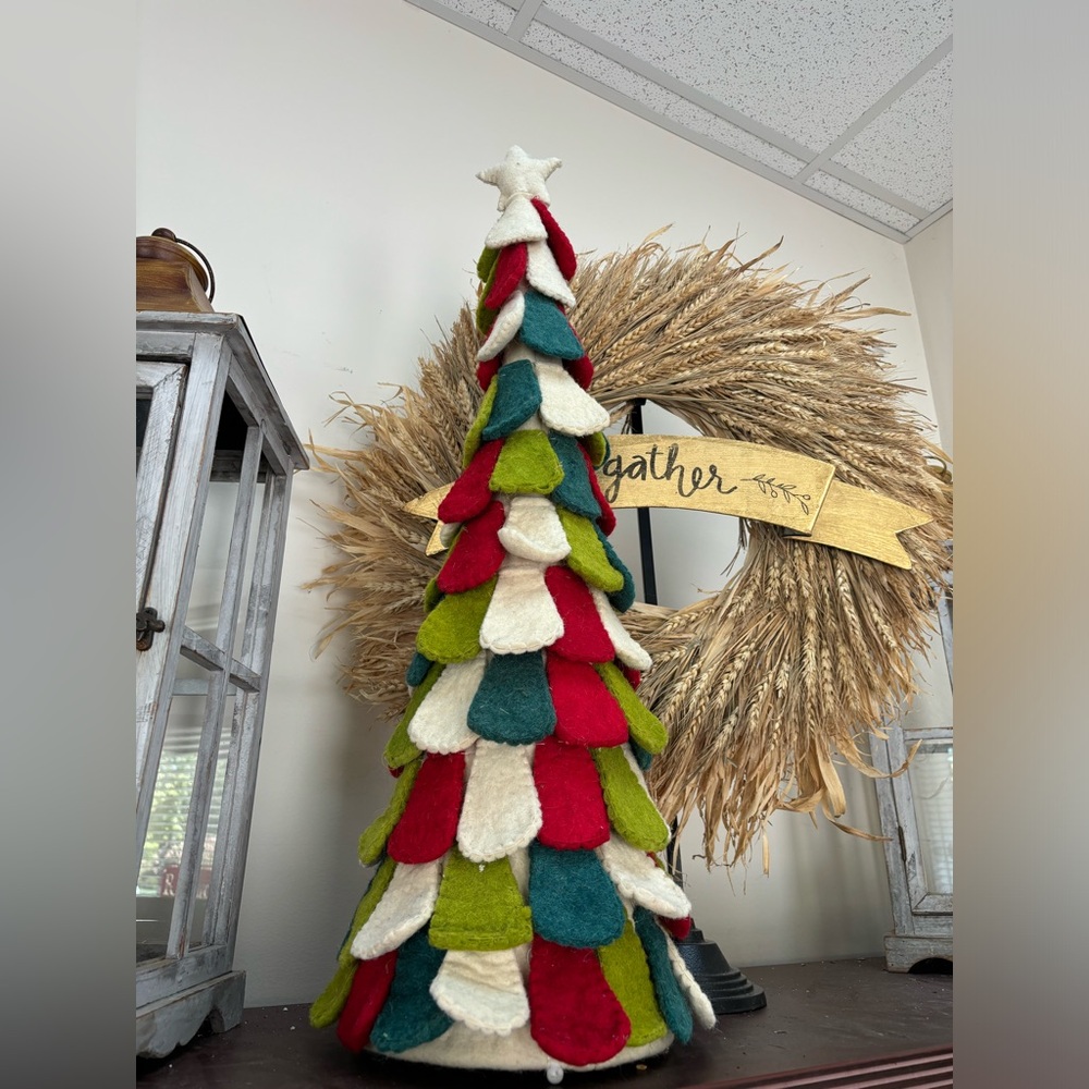 Felt covered 31" tall by 8.5" base Christmas tree- red, green and cream